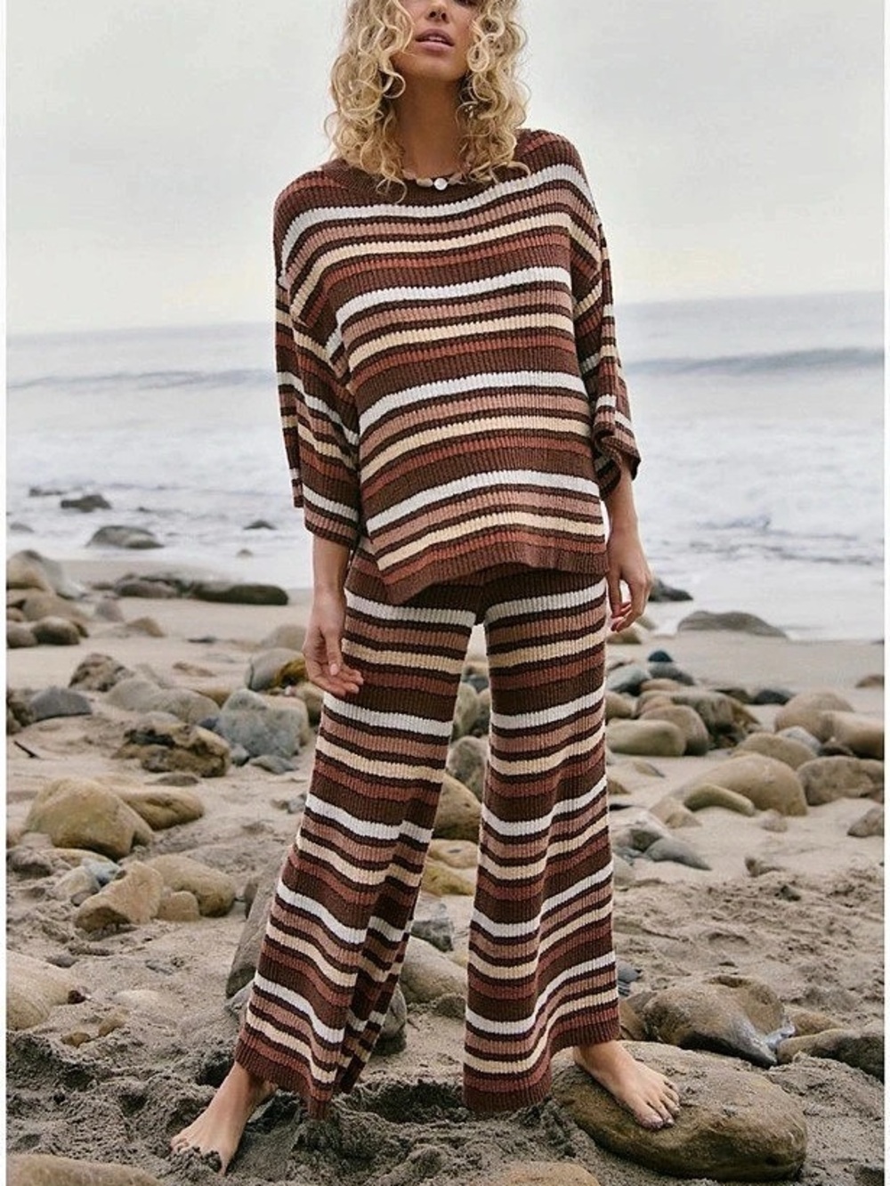 Free Prople free-est Over The Rainbow Sweater Set Striped Sweater Set in Chocola